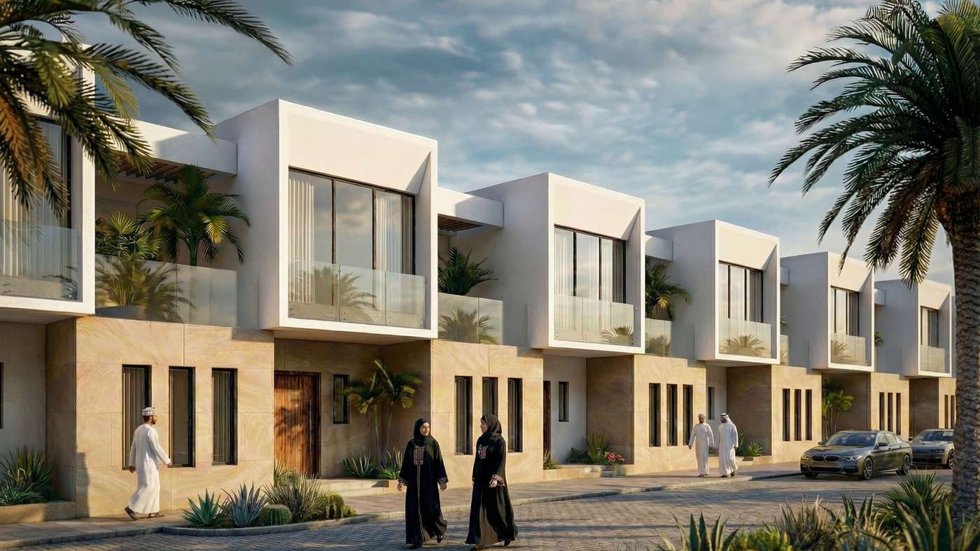Courtyard Townhouses - street view at golden hour